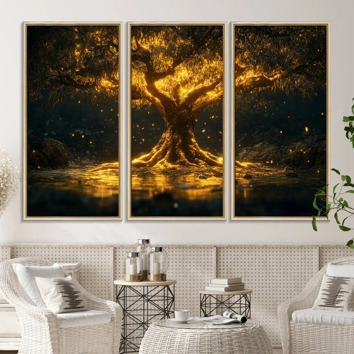 A stunning triptych of the Golden Tree of Life Canvas Wall Art Print showcases its majestic glowing tree design.