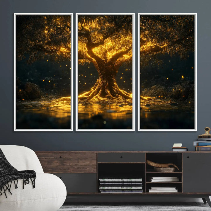 A stunning triptych of the Golden Tree of Life Canvas Wall Art Print showcases its majestic glowing tree design.