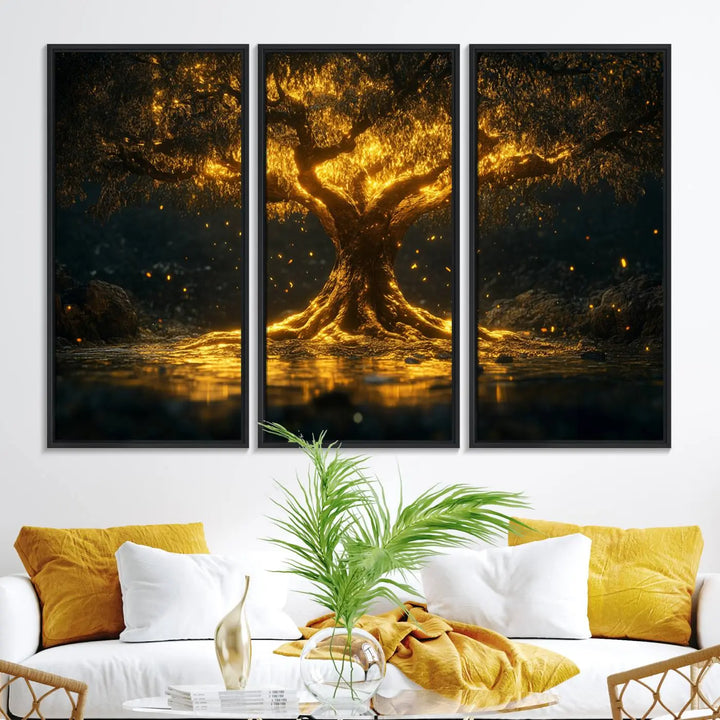 A stunning triptych of the Golden Tree of Life Canvas Wall Art Print showcases its majestic glowing tree design.