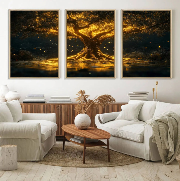 A stunning triptych of the Golden Tree of Life Canvas Wall Art Print showcases its majestic glowing tree design.