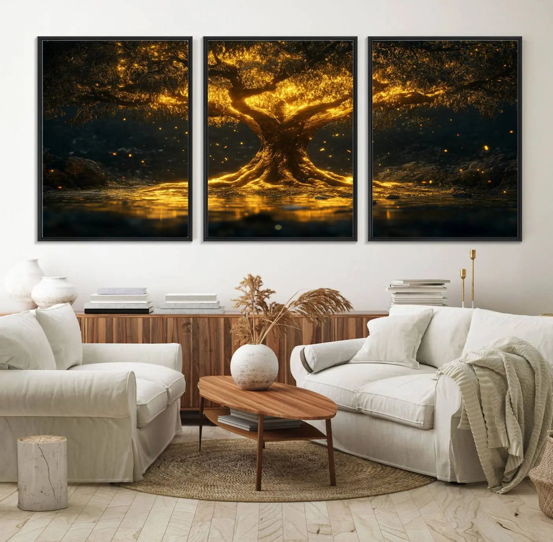 A stunning triptych of the Golden Tree of Life Canvas Wall Art Print showcases its majestic glowing tree design.