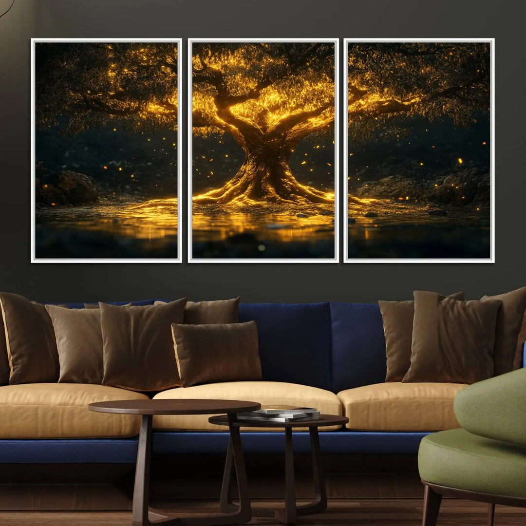 A stunning triptych of the Golden Tree of Life Canvas Wall Art Print showcases its majestic glowing tree design.