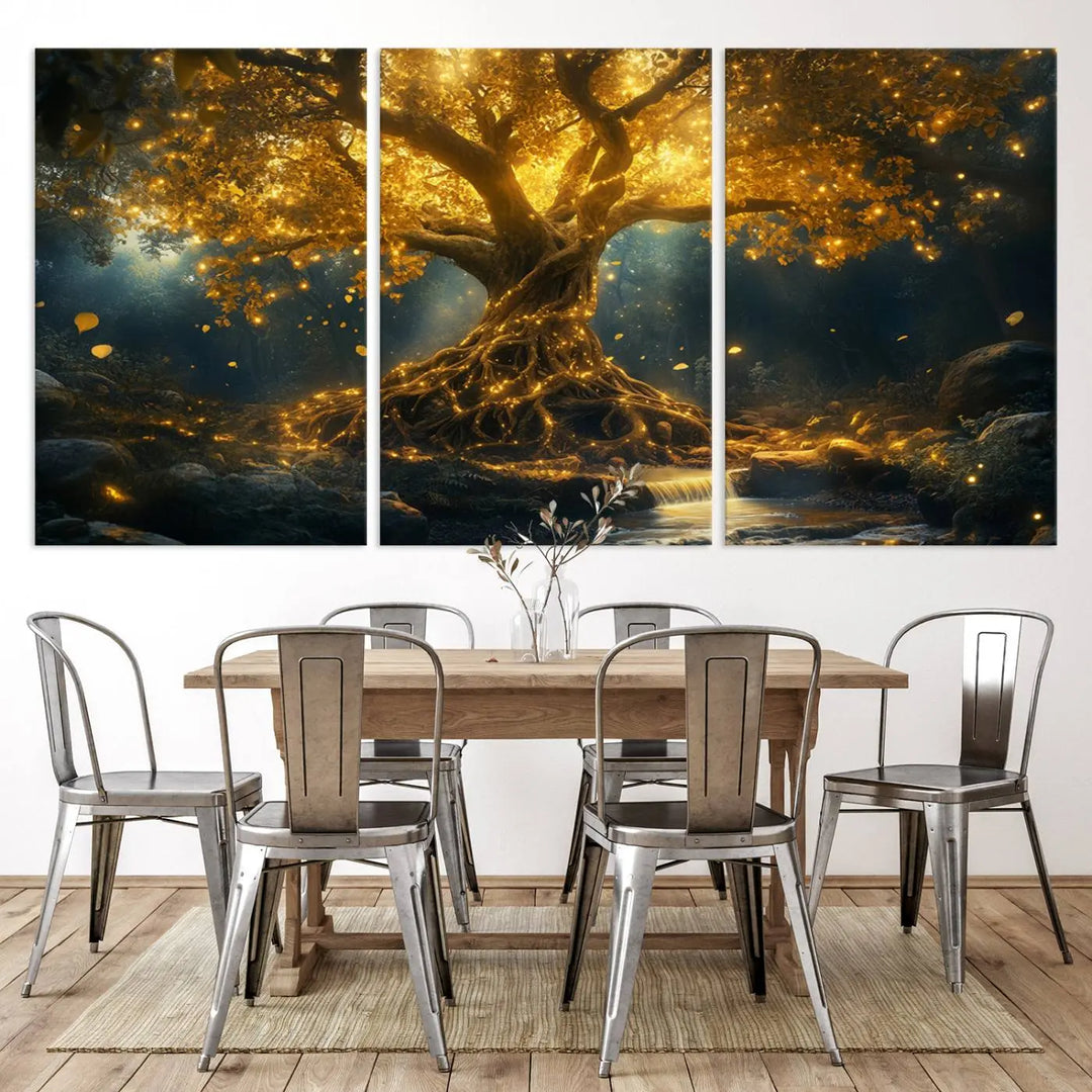 Golden Tree of Life Canvas Wall Art Print - a majestic glowing tree.