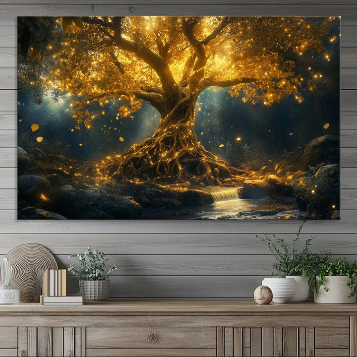 Golden Tree of Life Canvas Wall Art Print - a majestic glowing tree.