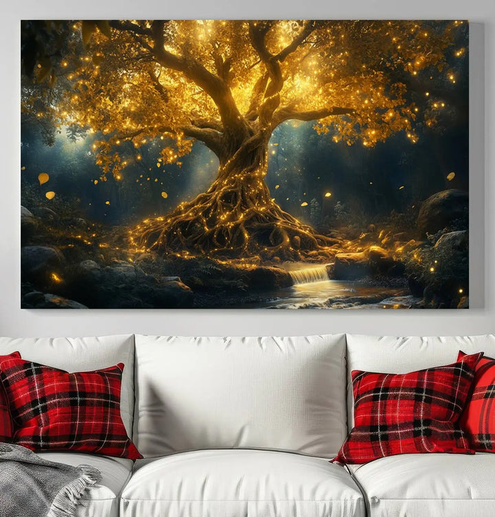 Golden Tree of Life Canvas Wall Art Print - a majestic glowing tree.