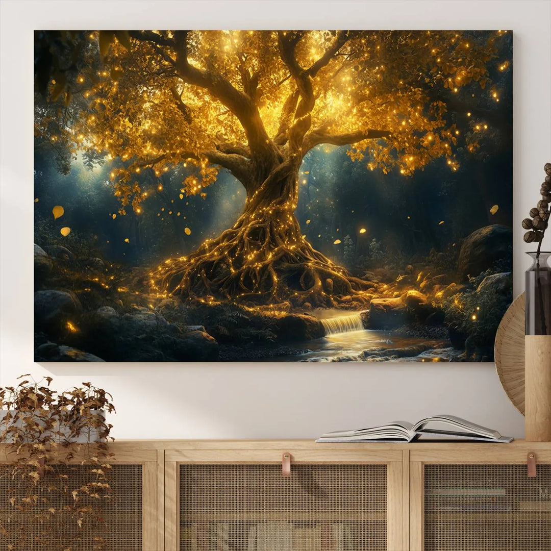 Golden Tree of Life Canvas Wall Art Print - a majestic glowing tree.