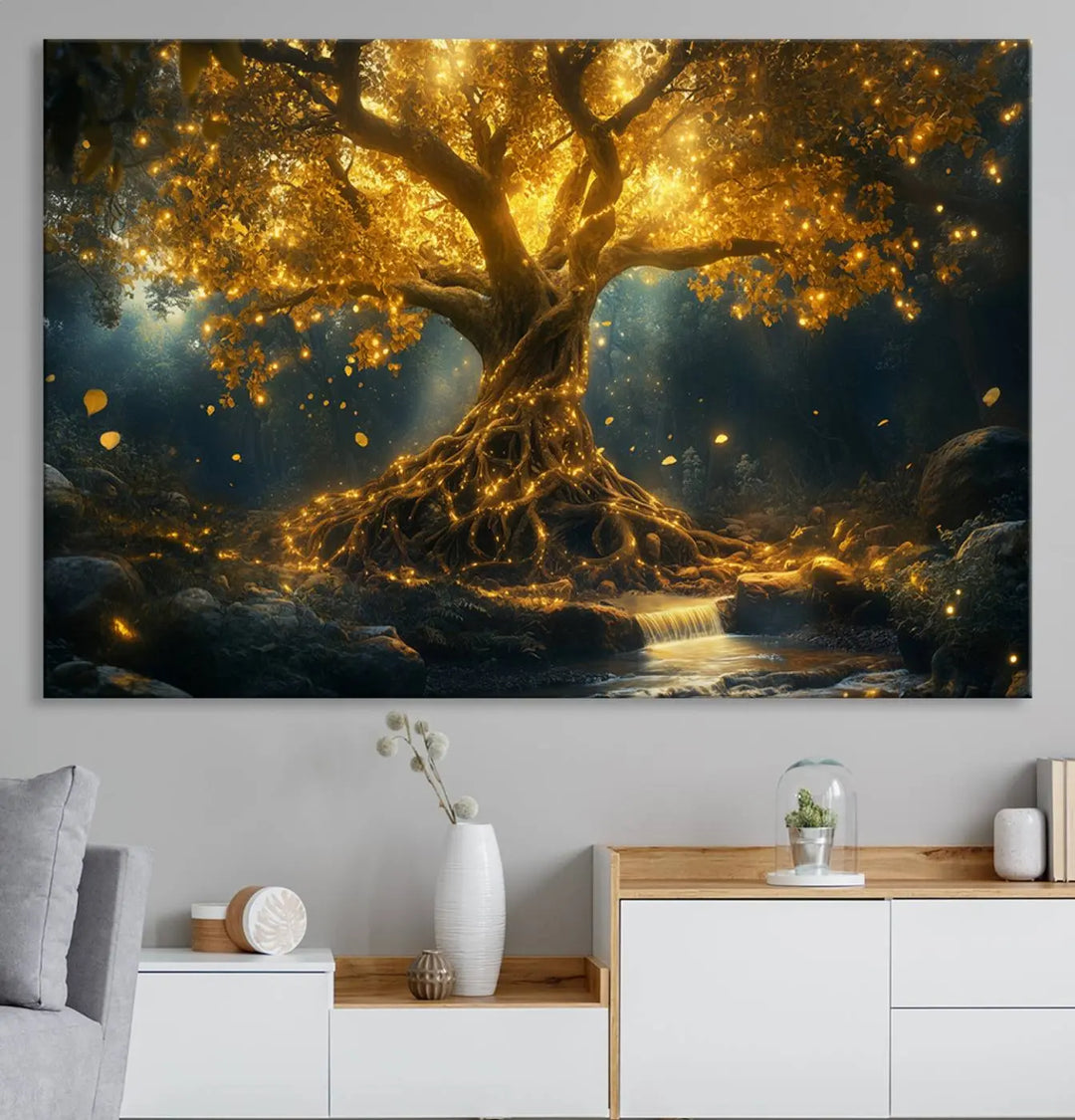 Golden Tree of Life Canvas Wall Art Print - a majestic glowing tree.