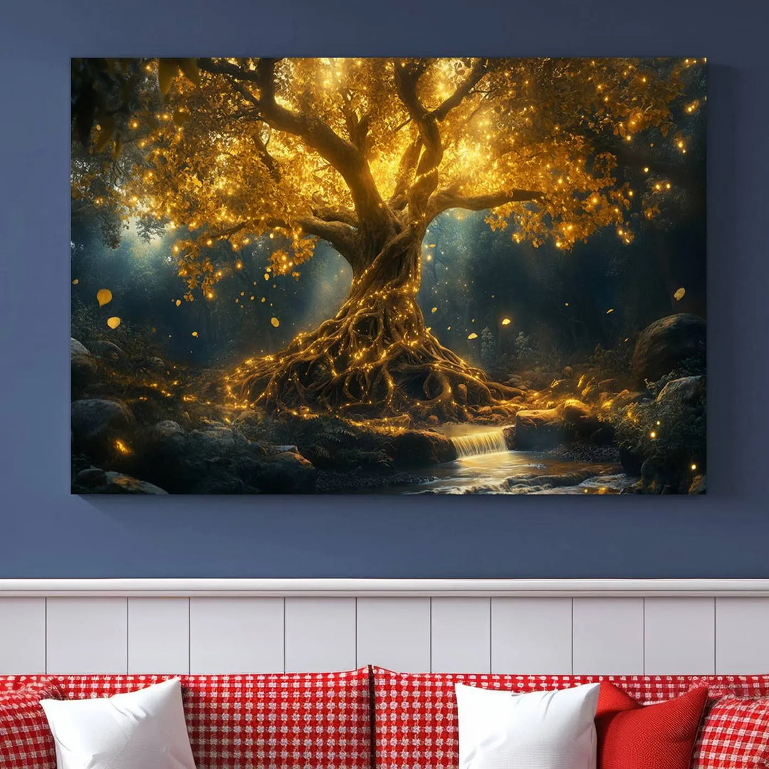 Golden Tree of Life Canvas Wall Art Print - a majestic glowing tree.