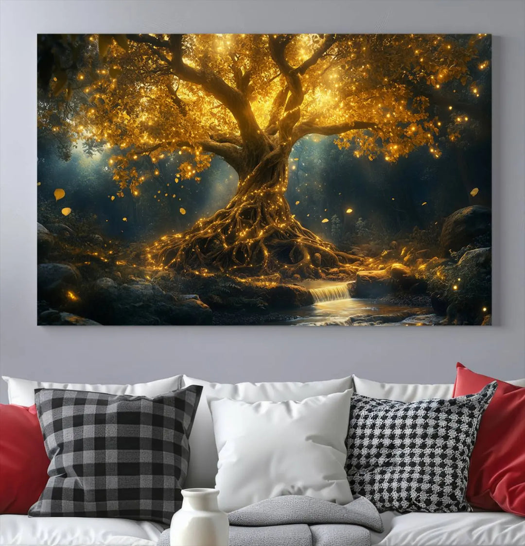 Golden Tree of Life Canvas Wall Art Print - a majestic glowing tree.