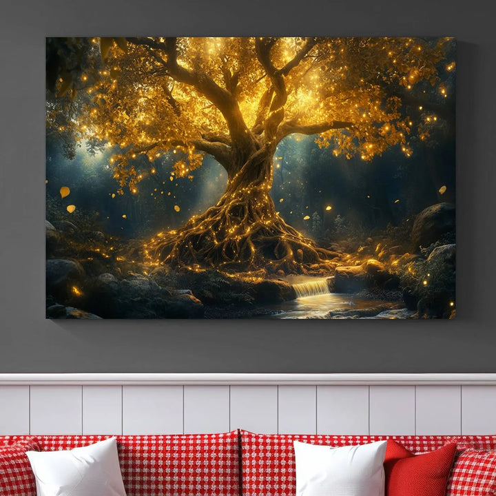 Golden Tree of Life Canvas Wall Art Print - a majestic glowing tree.