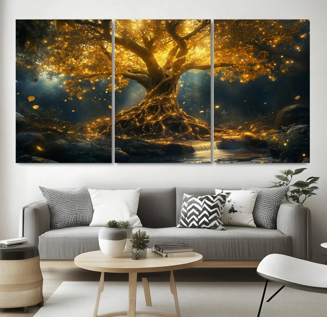 Golden Tree of Life Canvas Wall Art Print - a majestic glowing tree.