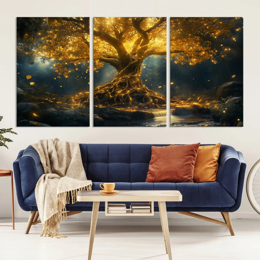 Golden Tree of Life Canvas Wall Art Print - a majestic glowing tree.