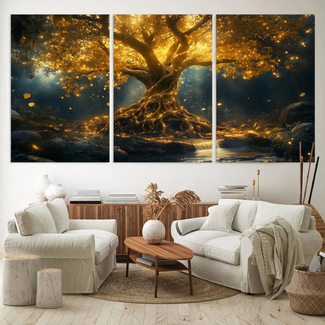 Golden Tree of Life Canvas Wall Art Print - a majestic glowing tree.