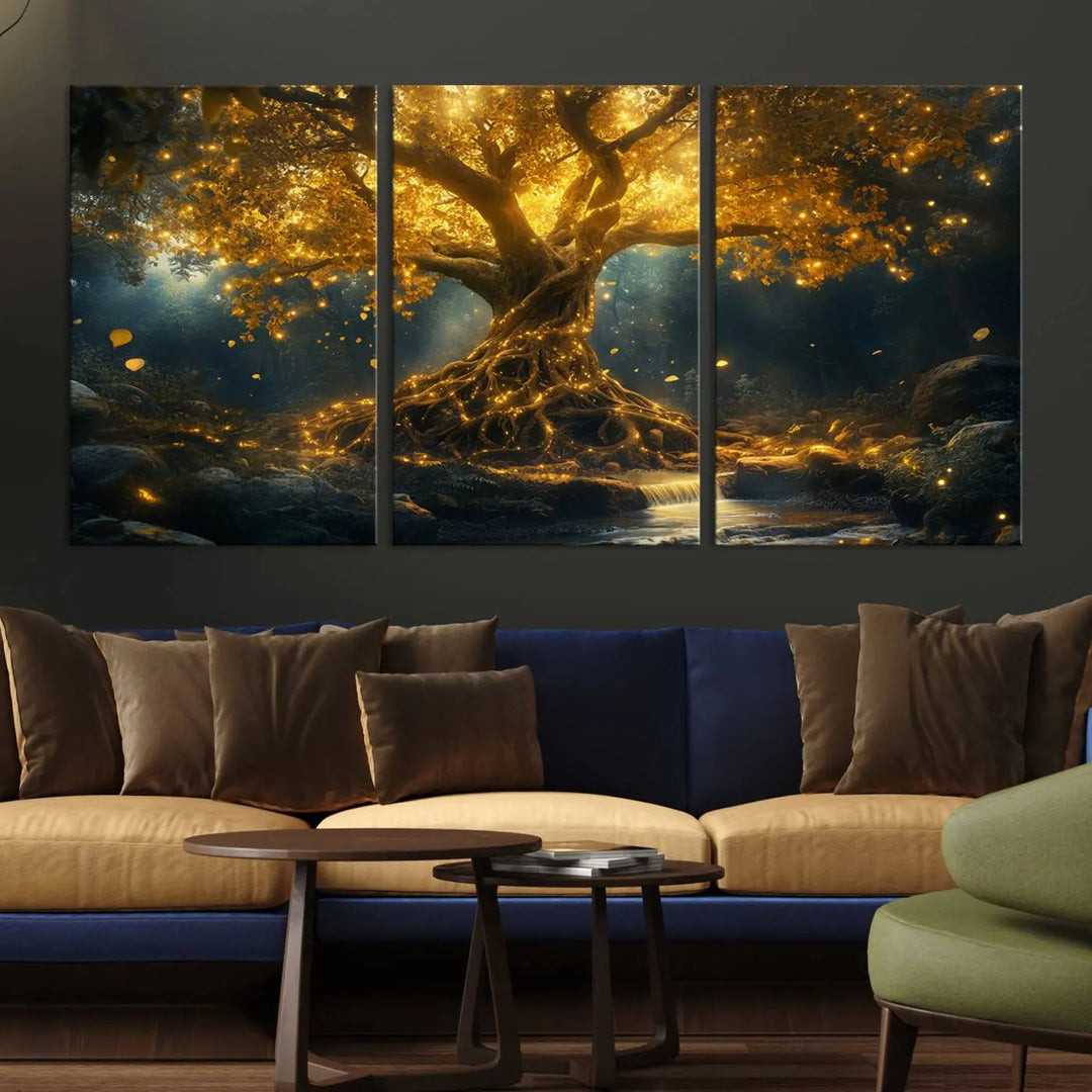 Golden Tree of Life Canvas Wall Art Print - a majestic glowing tree.