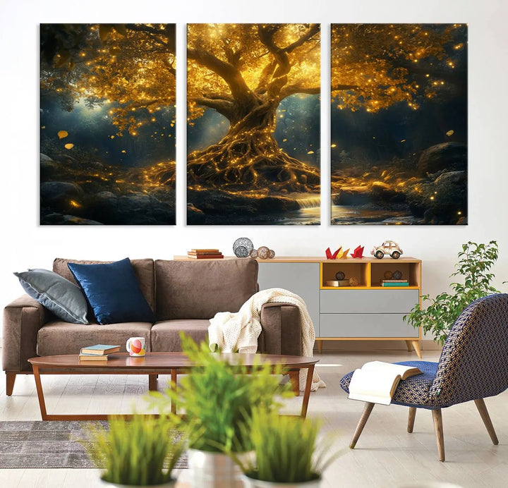 Golden Tree of Life Canvas Wall Art Print - a majestic glowing tree.