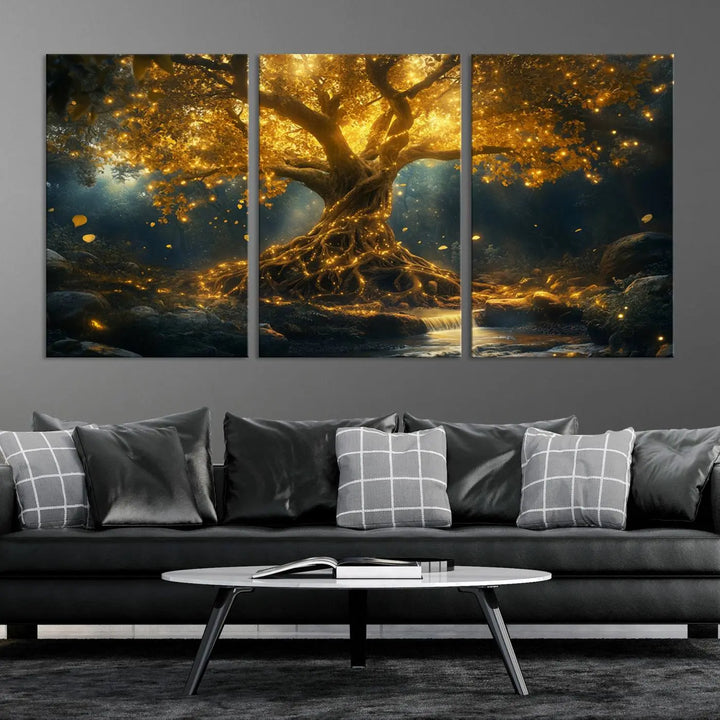 Golden Tree of Life Canvas Wall Art Print - a majestic glowing tree.