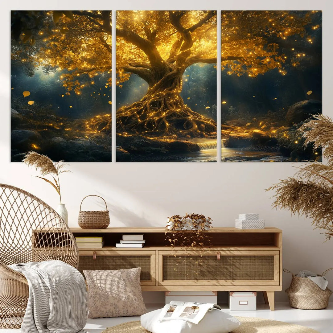 Golden Tree of Life Canvas Wall Art Print - a majestic glowing tree.