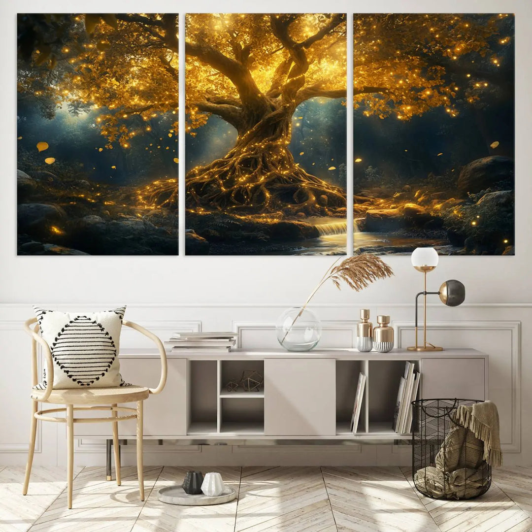 Golden Tree of Life Canvas Wall Art Print - a majestic glowing tree.