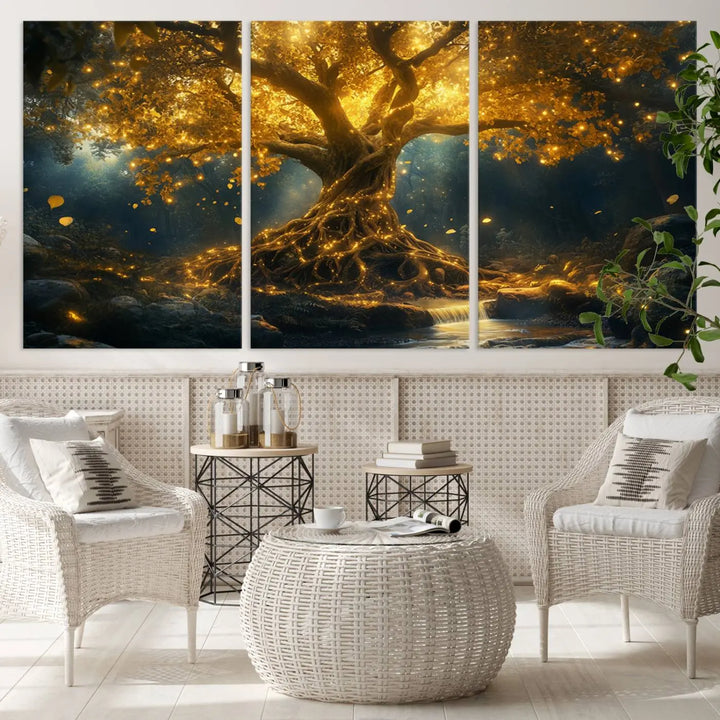 Golden Tree of Life Canvas Wall Art Print - a majestic glowing tree.