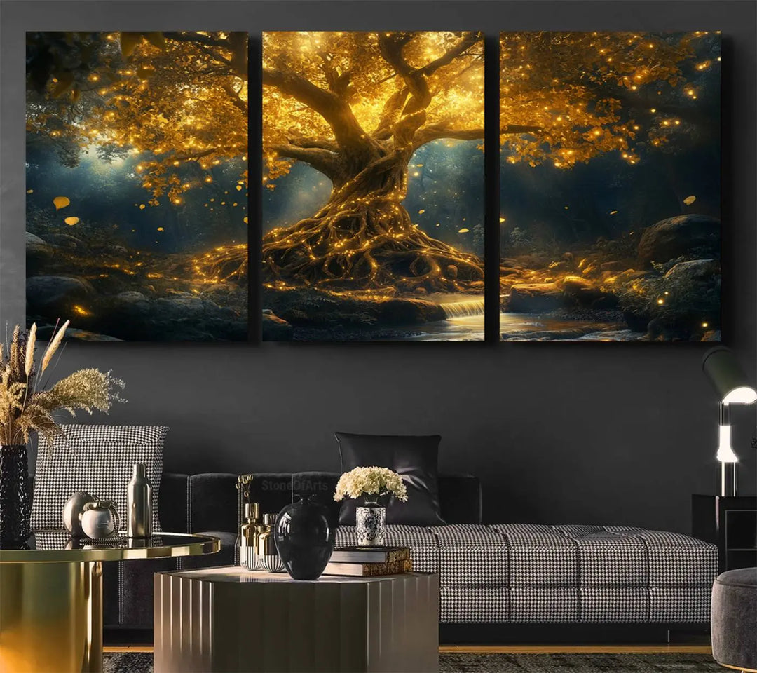 Golden Tree of Life Canvas Wall Art Print - a majestic glowing tree.