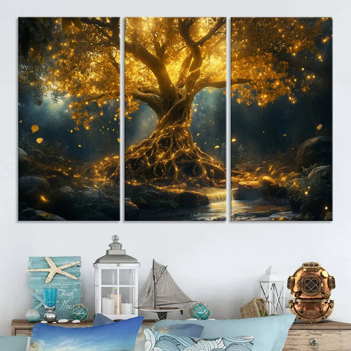 Golden Tree of Life Canvas Wall Art Print - a majestic glowing tree.