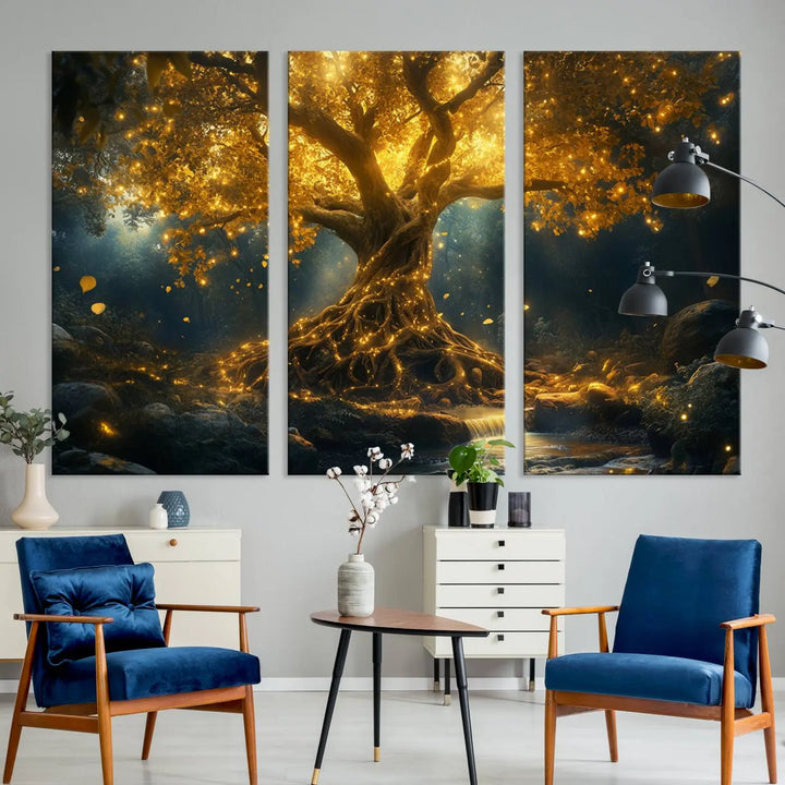 Golden Tree of Life Canvas Wall Art Print - a majestic glowing tree.