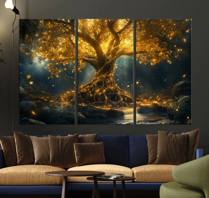 Golden Tree of Life Canvas Wall Art Print - a majestic glowing tree.