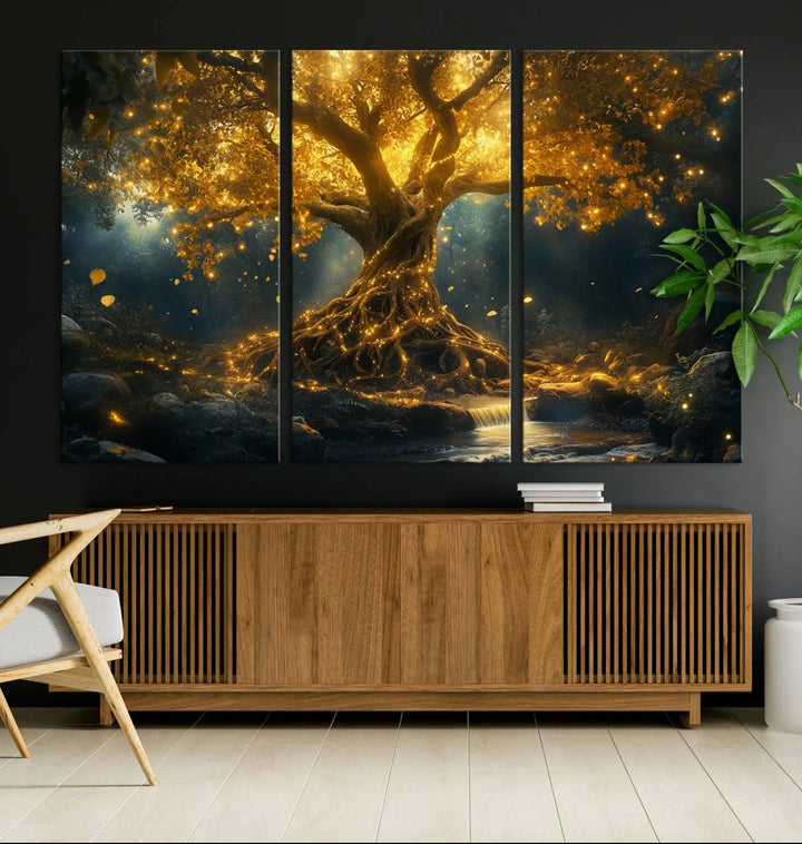 Golden Tree of Life Canvas Wall Art Print - a majestic glowing tree.