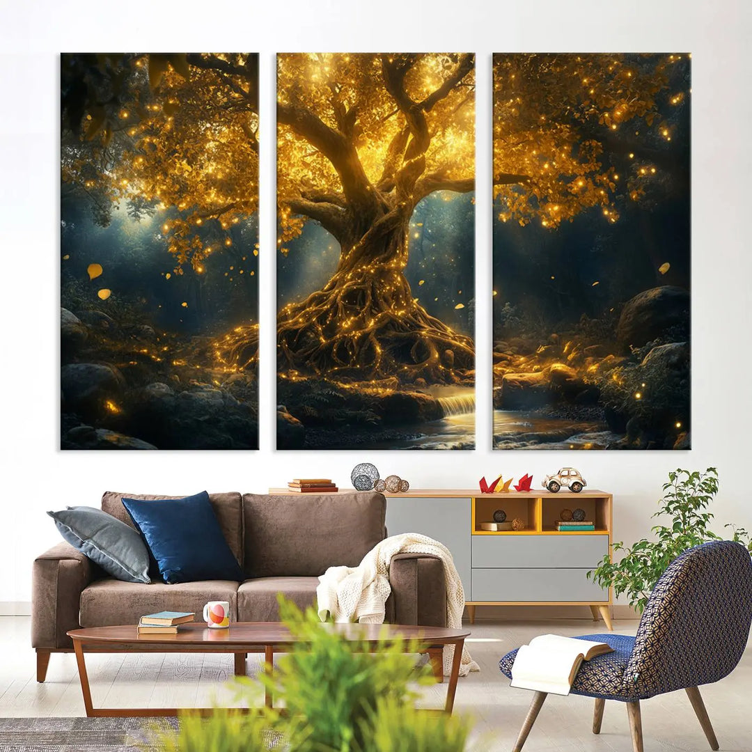 Golden Tree of Life Canvas Wall Art Print - a majestic glowing tree.