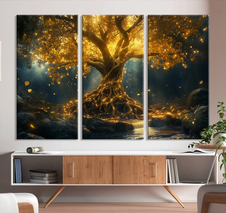 Golden Tree of Life Canvas Wall Art Print - a majestic glowing tree.