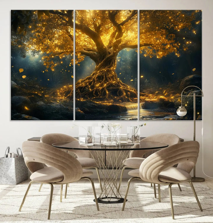 Golden Tree of Life Canvas Wall Art Print - a majestic glowing tree.