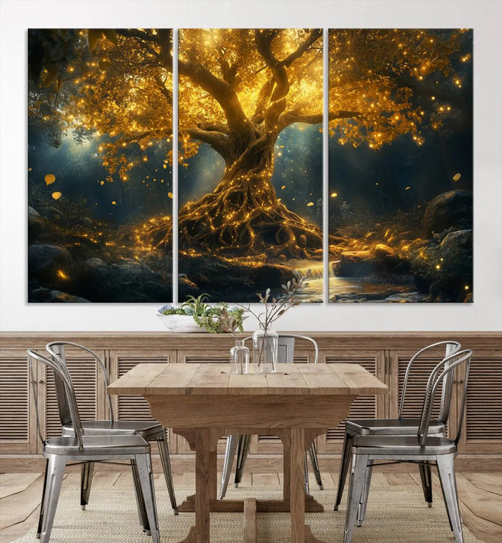 Golden Tree of Life Canvas Wall Art Print - a majestic glowing tree.