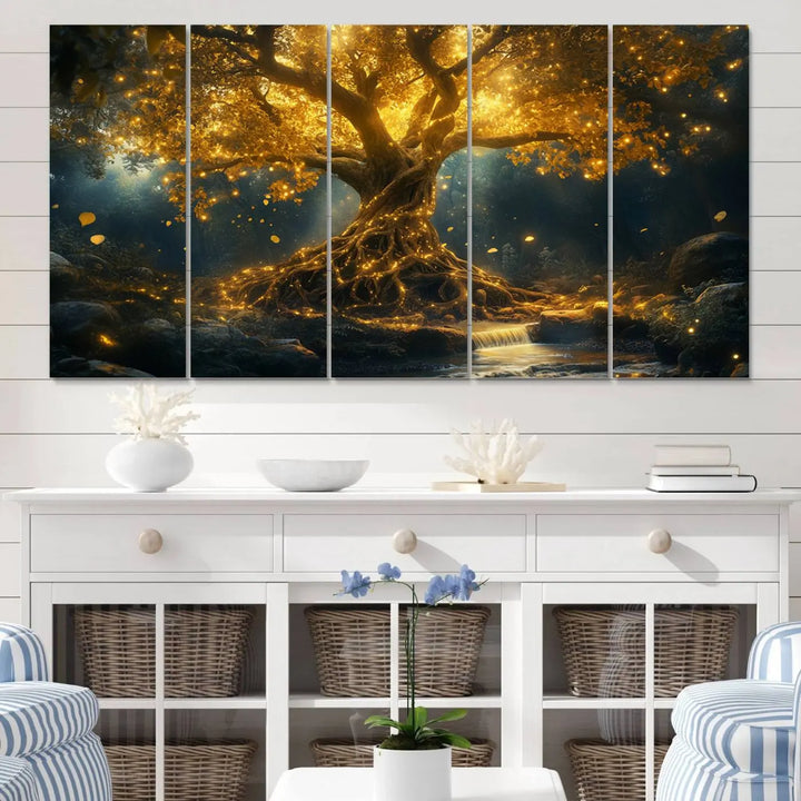 Golden Tree of Life Canvas Wall Art Print - a majestic glowing tree.