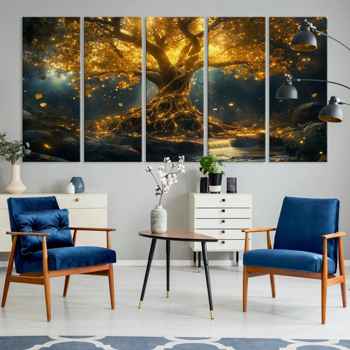 Golden Tree of Life Canvas Wall Art Print - a majestic glowing tree.