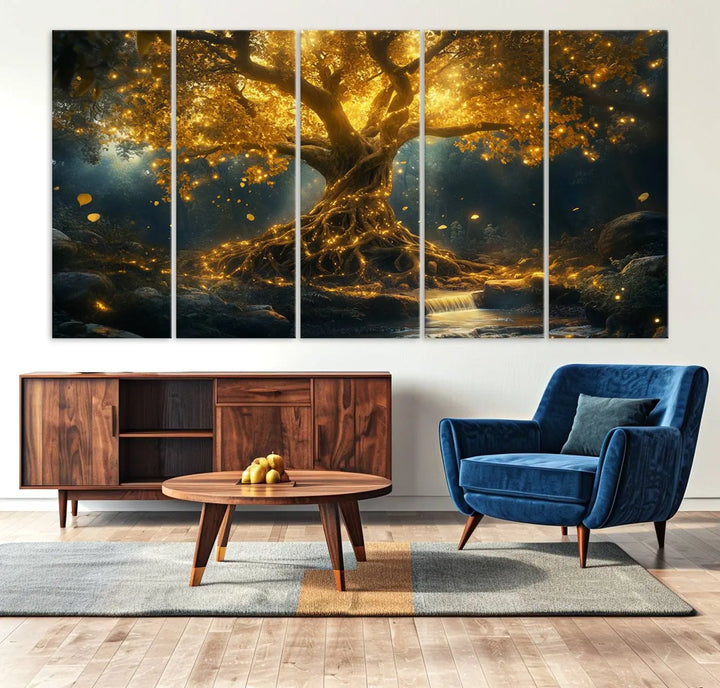 Golden Tree of Life Canvas Wall Art Print - a majestic glowing tree.