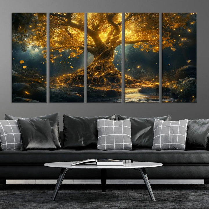 Golden Tree of Life Canvas Wall Art Print - a majestic glowing tree.