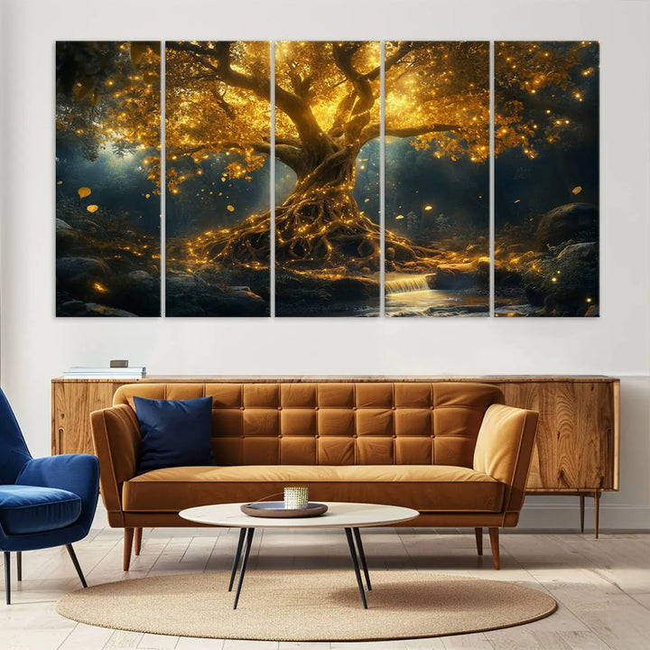 Golden Tree of Life Canvas Wall Art Print - a majestic glowing tree.