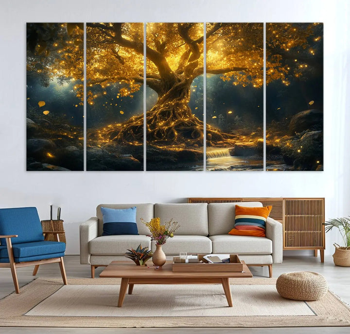 Golden Tree of Life Canvas Wall Art Print - a majestic glowing tree.