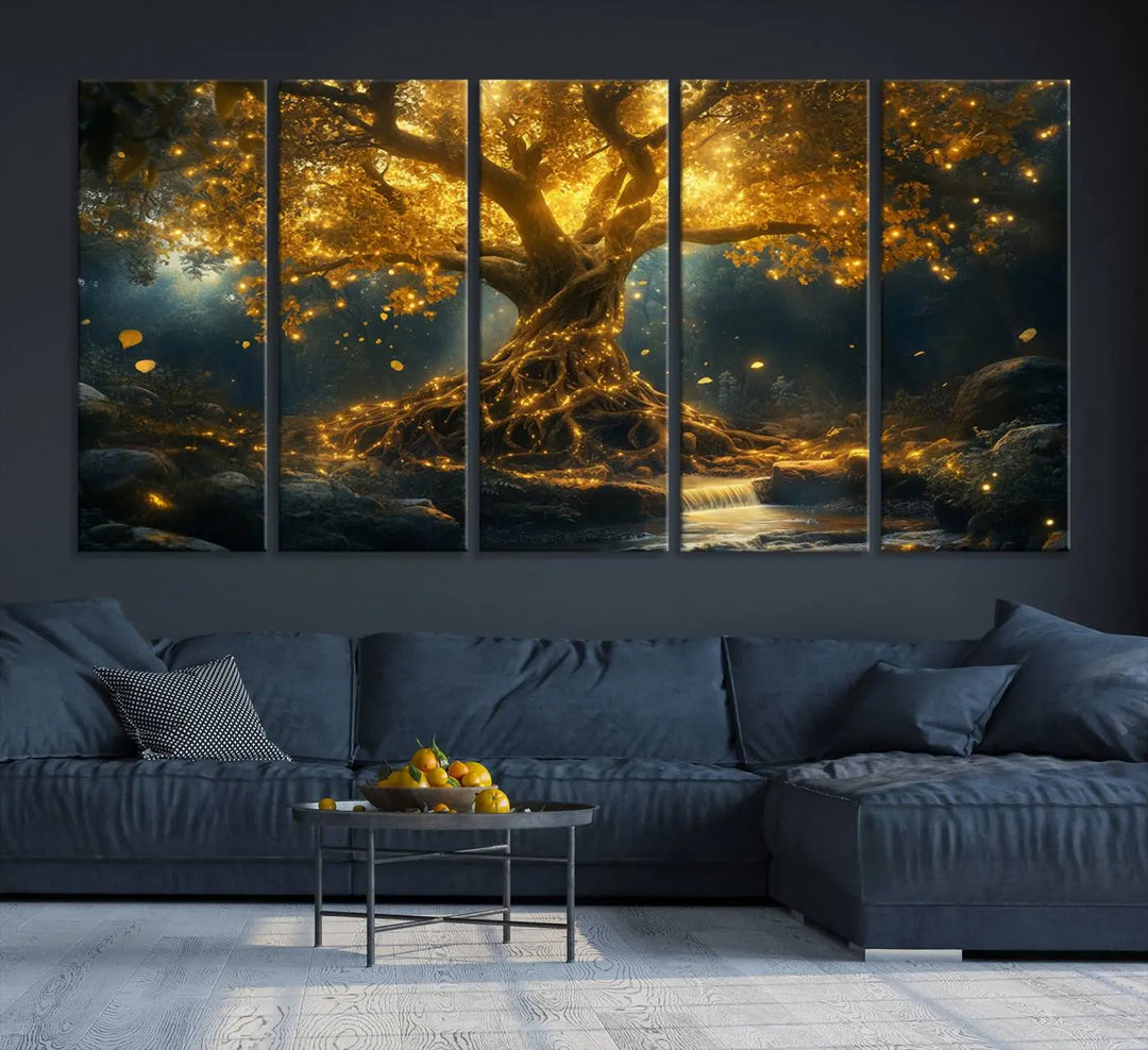 Golden Tree of Life Canvas Wall Art Print - a majestic glowing tree.