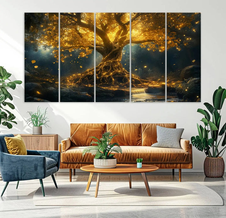 Golden Tree of Life Canvas Wall Art Print - a majestic glowing tree.