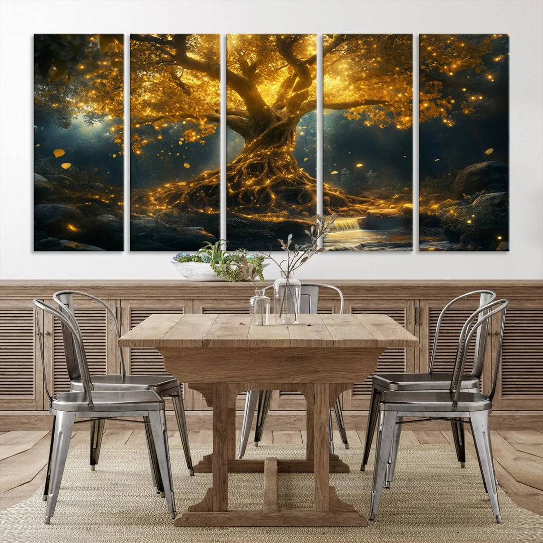 Golden Tree of Life Canvas Wall Art Print - a majestic glowing tree.