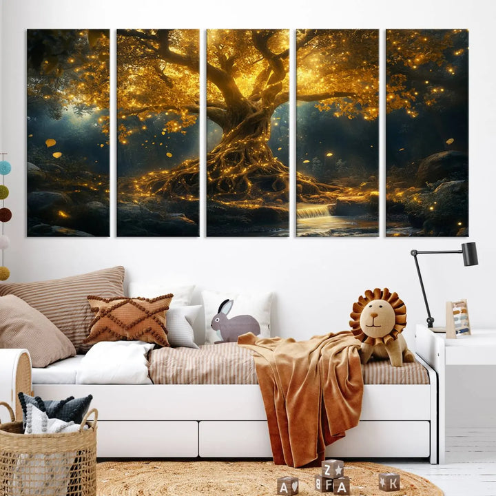 Golden Tree of Life Canvas Wall Art Print - a majestic glowing tree.