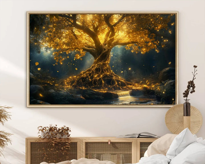 Golden Tree of Life Canvas Wall Art Print - a majestic glowing tree.