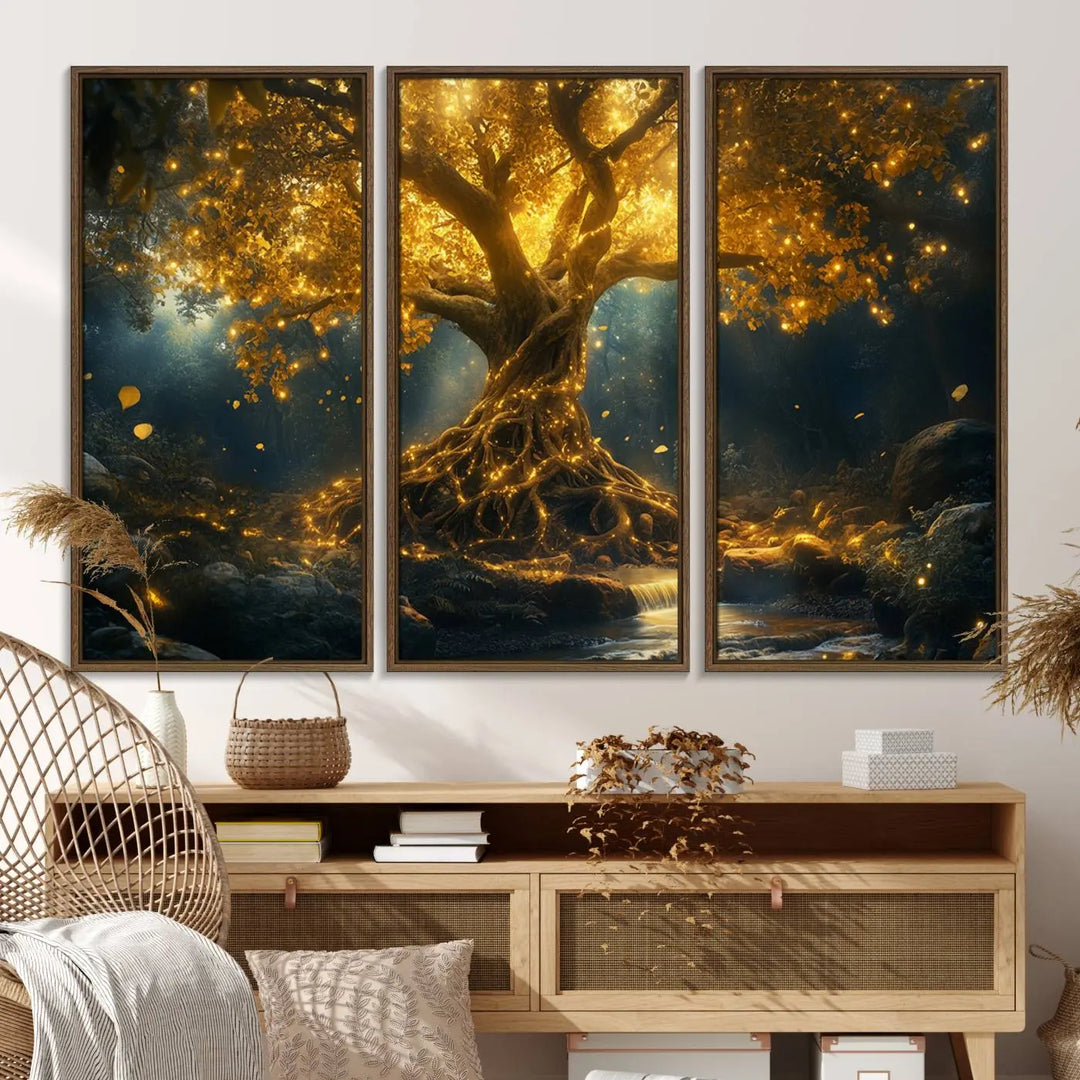 Golden Tree of Life Canvas Wall Art Print - a majestic glowing tree.