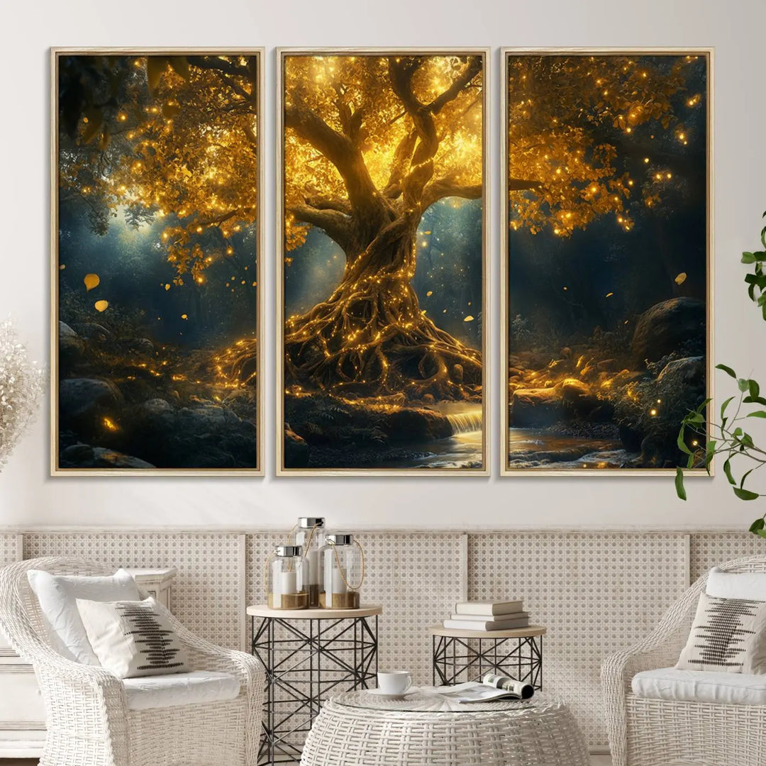 Golden Tree of Life Canvas Wall Art Print - a majestic glowing tree.