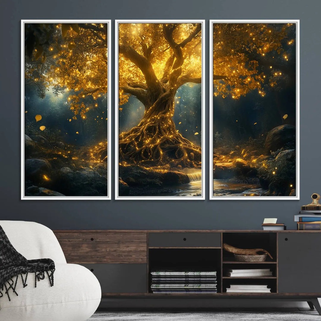 Golden Tree of Life Canvas Wall Art Print - a majestic glowing tree.