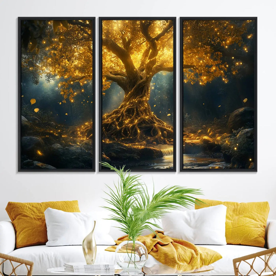 Golden Tree of Life Canvas Wall Art Print - a majestic glowing tree.