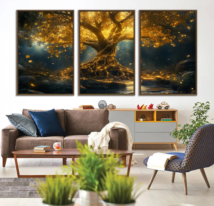 Golden Tree of Life Canvas Wall Art Print - a majestic glowing tree.