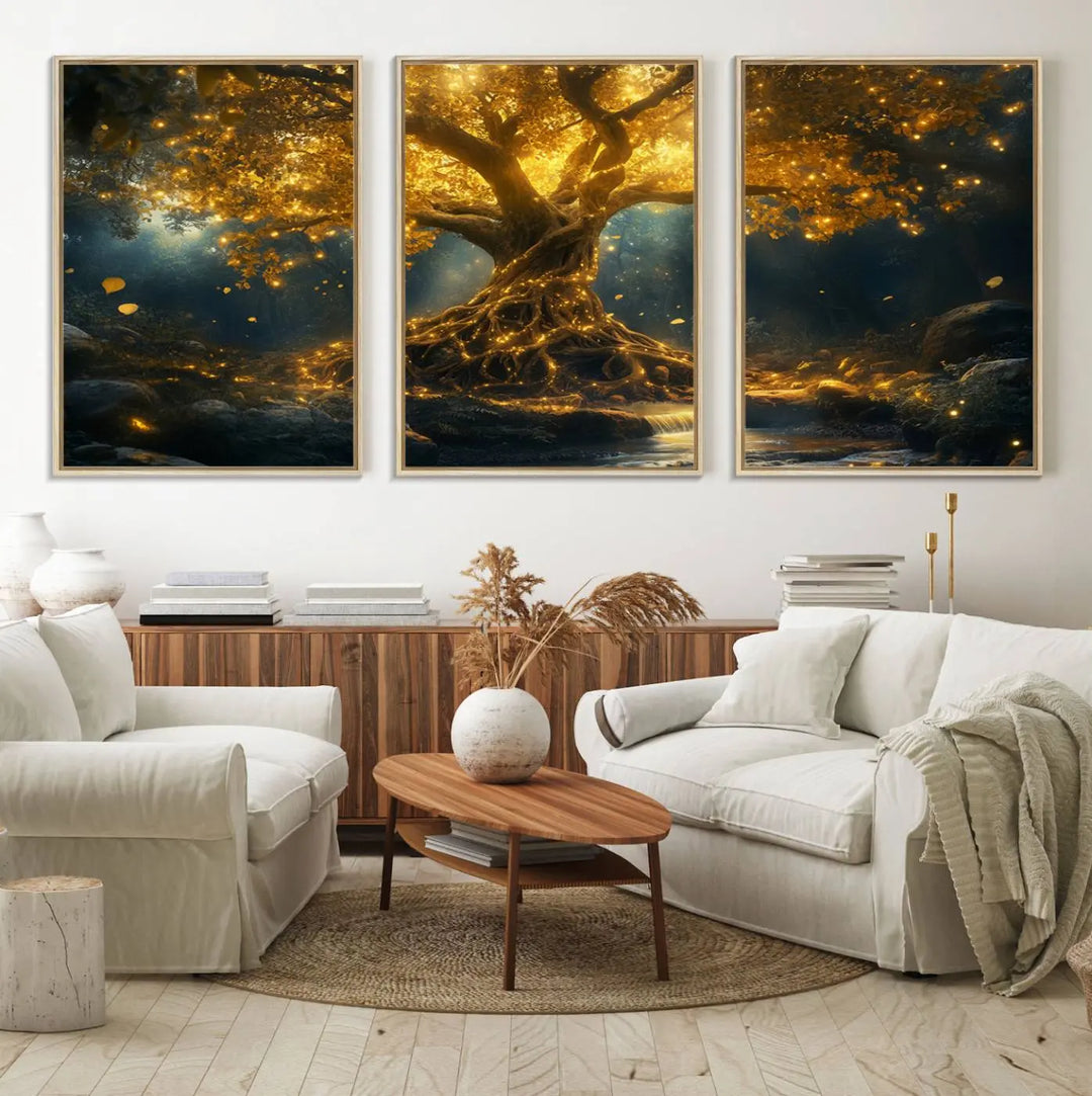 Golden Tree of Life Canvas Wall Art Print - a majestic glowing tree.