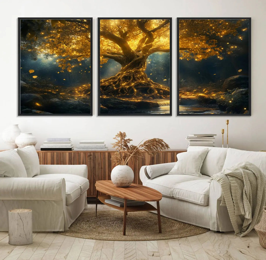 Golden Tree of Life Canvas Wall Art Print - a majestic glowing tree.